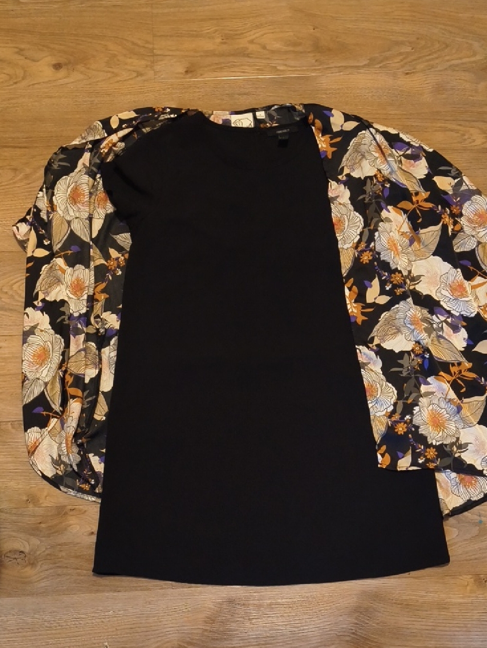 Forever 21 Black Dress with Floral Kimono Accent